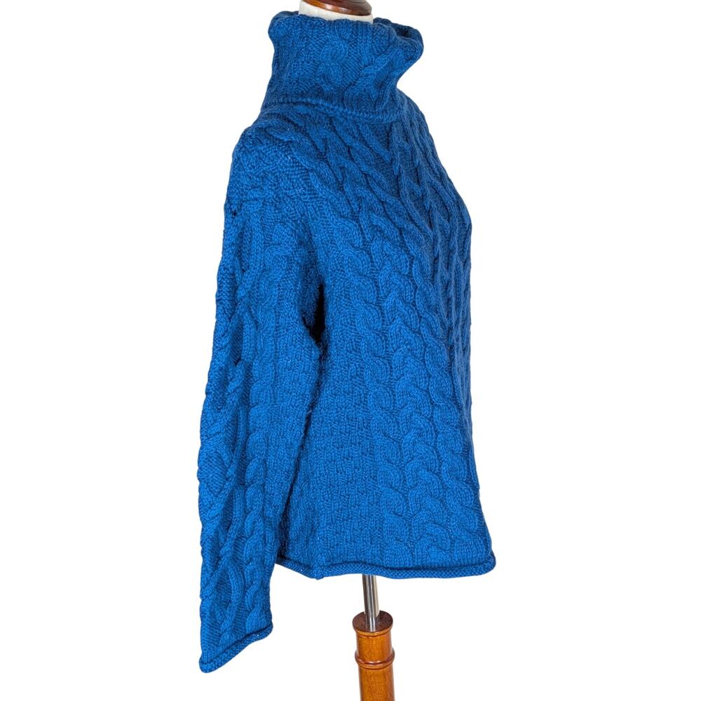 Inis Crafts Merino Wool Blue Chunky Cable Knit Turtleneck Sweater Womens Ireland
